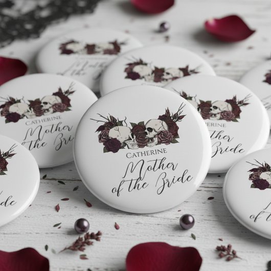Gothic Skull & Rose Wedding Party Button