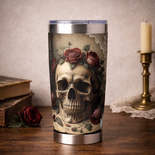 Gothic Skull Rosen Monogramm Dark Academia Design Thermobecher