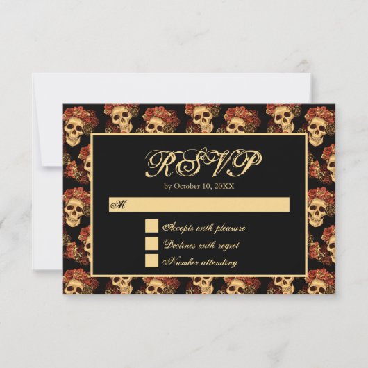 Gothic Skull Rote Rose Black Halloween Hochzeit RSVP Karte (Vorderseite)
