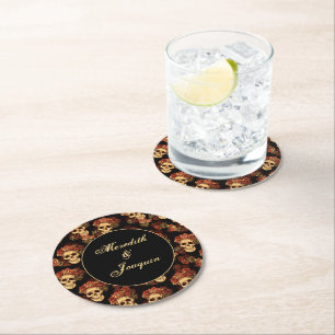 Gothic Skull Rote Rose Black Halloween Hochzeit Runder Pappuntersetzer