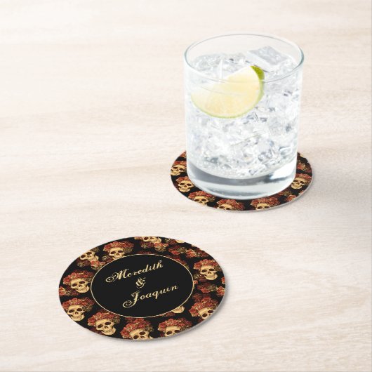 Gothic Skull Rote Rose Black Halloween Hochzeit Runder Pappuntersetzer (Vor Ort)