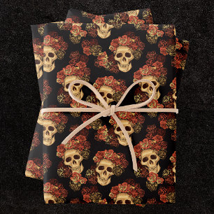 Gothic Skull Rote Rose Black Halloween Muster Geschenkpapier Set