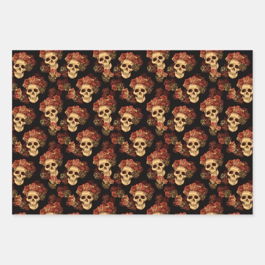 Gothic Skull Rote Rose Black Halloween Muster Geschenkpapier Set (Vorderseite)