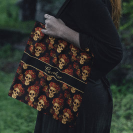 Gothic Skull Rote Rose Black Monogram Halloween Tasche