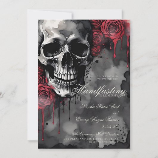 Gothic Skull & Rote Rosen Halloween Handfasts Einladung (Vorderseite)