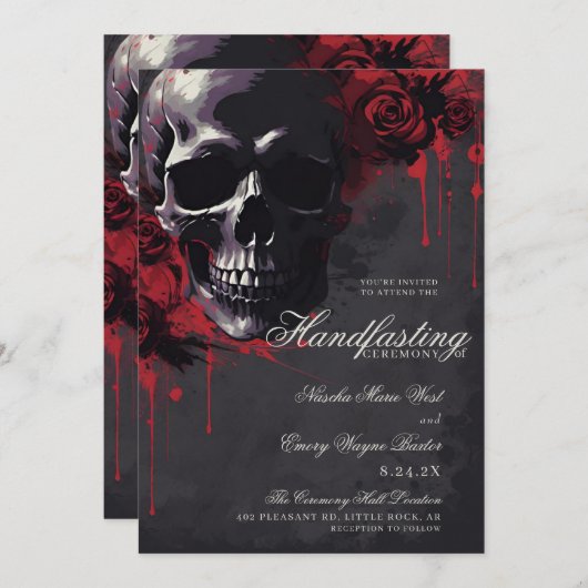 Gothic Skull & Rote Rosen Halloween Handfasts Einladung (Vorne/Hinten)