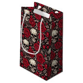 Gothic Skull & Rote Rosen Toile Muster Kleine Geschenktüte (Rückseite Schrägansicht)