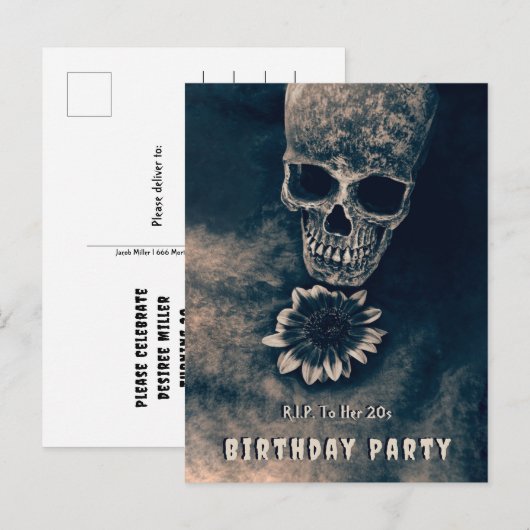 Gothic Skull Sonnenblumen RIP zu ihren 20ern Einladungspostkarte (Vorne/Hinten)