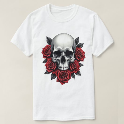 Gothic Skull und Rote Rosen Dunkel T-Shirt (Design vorne)