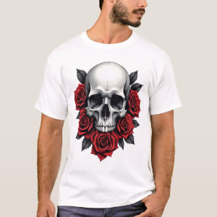 Gothic Skull und Rote Rosen Dunkel T-Shirt