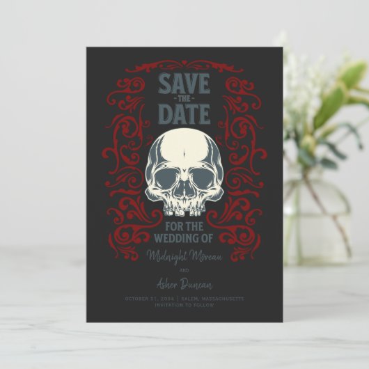 Gothic Skull Wedding Annoucement Save The Date (Stehend Vorderseite)