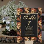 Gothic Skull Wedding Names Black Tischnummer Card<br><div class="desc">Diese gotische Hochzeitskarte mit Namen begrüßt Ihre Gäste zu ihrem Tisch mit einem Muster von gruseligen Schädeln, die in einem schwarzen Abgrund hinter Ihrem Monogramm-Text schwebten. Jeder Schädel ist zu Halloween mit rote Rosen geschmückt. Ihre leeren seelenlosen Augen werden scharf gegen die Krone der gotischen Rose und den Strauß toter...</div>