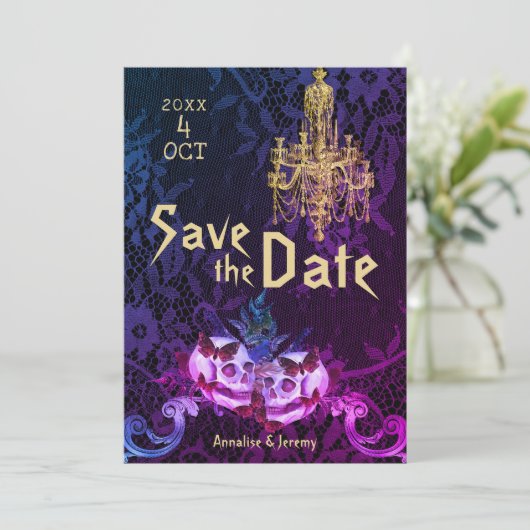 Gothic Skull Wedding Save The Date (Stehend Vorderseite)