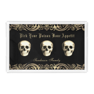 Gothic Skulls Black Gold Halloween Acryl Tablett