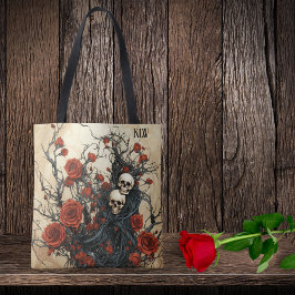 Gothic Skulls, Black Vines and Rote Rosen Monogram Tasche