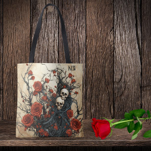 Gothic Skulls, Black Vines and Rote Rosen Monogram Tasche