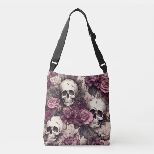 Gothic Skulls Fall Florals Dark Halloween Tragetaschen Mit Langen Trägern (Vorderseite)