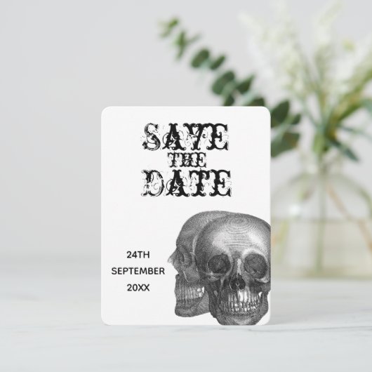 Gothic Skulls Hochzeit speichern das Datum Einladung (Stehend Vorderseite)