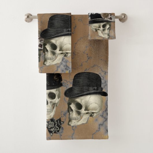 Gothic Skulls in Hats Vintag Halloween Badhandtuch Set (Insitu)