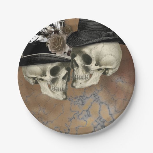 Gothic Skulls in Hats Vintag Halloween Pappteller (Vorderseite)