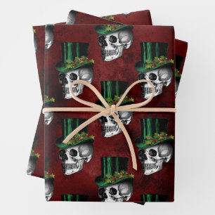 Gothic Skulls in Top Hats Red Green Holiday Geschenkpapier Set