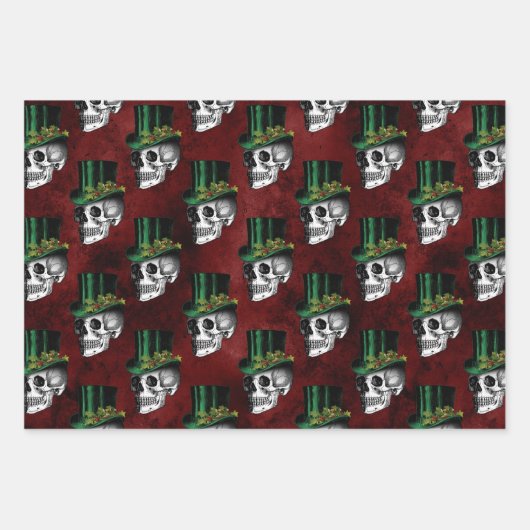Gothic Skulls in Top Hats Red Green Holiday Geschenkpapier Set (Vorderseite)