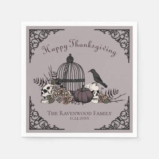 Gothic Skulls, Pumpkin & Herbstlaubs Erntedank Serviette (Vorderseite)