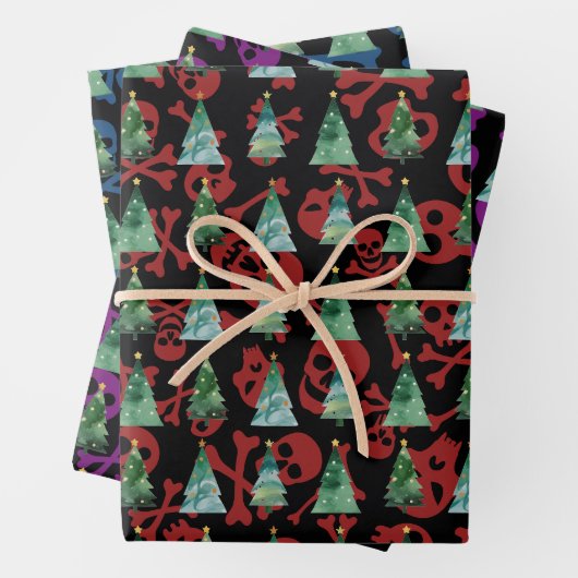 Gothic Skulls Red Lila Blue Christmas Trees Geschenkpapier Set (Beispiel)