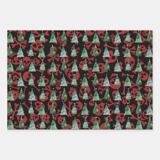 Gothic Skulls Red Lila Blue Christmas Trees Geschenkpapier Set (Vorderseite)