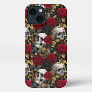 Gothic Skulls & Red Roses Dark Floral Gold iPhone 13 Hülle