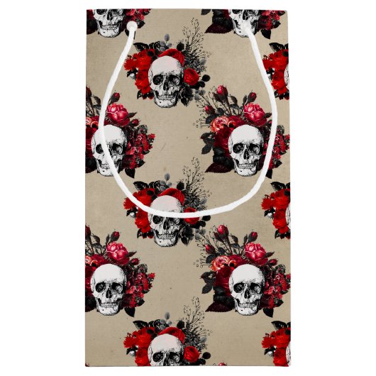 Gothic Skulls rote Rosen gekachelt Muster Kleine Geschenktüte (Rückseite)