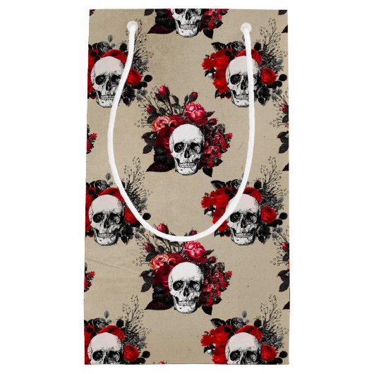 Gothic Skulls rote Rosen gekachelt Muster Kleine Geschenktüte (Vorderseite)
