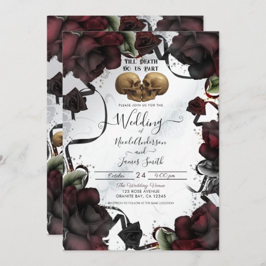 Gothic Skulls Rote Rosen Weißes Halloween Hochzeit Einladung (Vorne/Hinten)