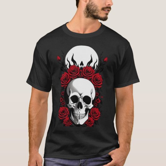 Gothic Skulls und Rote Blume Basic Dark T - Shirt (Vorderseite)