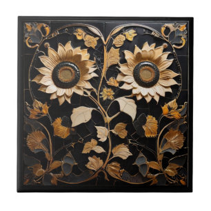 Gothic Sonnenblumen - Gold-Schwarze Faux-Relief-Bl Fliese