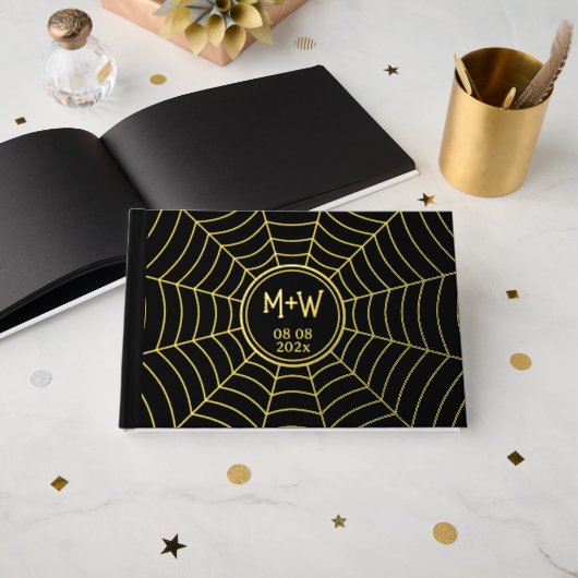 Gothic Spinnweb Monogram Wedding Black Gold Folie Gästebuch (Vorderseite Offen)