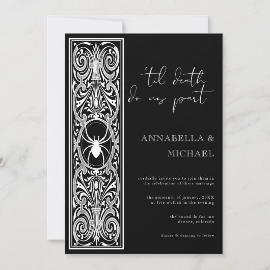 Gothic Spooky Spider Schwarz-weiße Hochzeit Einladung (Vorderseite)