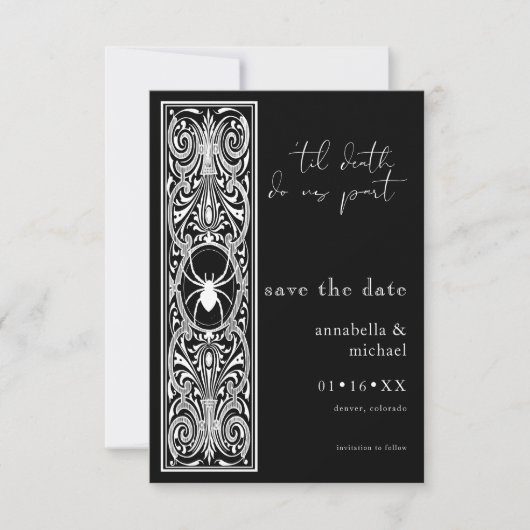 Gothic Spooky Spider Schwarz-weiße Hochzeit Save The Date (Vorderseite)