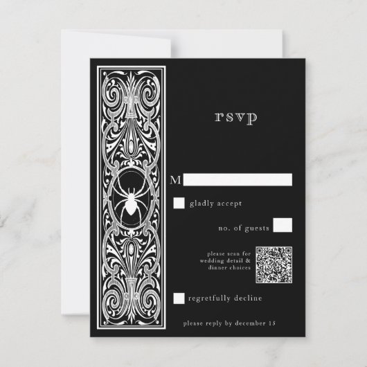 Gothic Spooky Spider Schwarz-weißer Hochzeitcode Q RSVP Karte (Vorderseite)