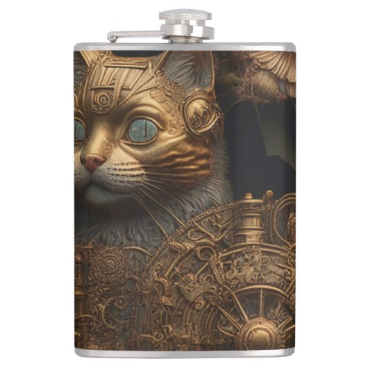 Gothic Steampunk Gold Cat Flachmann (Vorderseite)