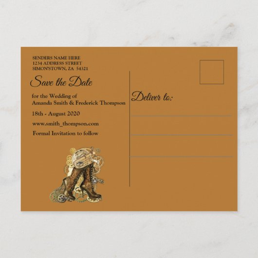 Gothic - Steampunk Save the Date auf Leder Ankündigungspostkarte (Rückseite)