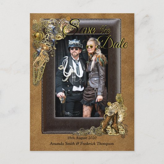 Gothic - Steampunk Wedding auf Wildleder Save the  Ankündigungspostkarte (Vorderseite)
