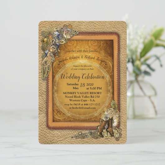 Gothic - Steampunk Wedding On Leder Einladung (Stehend Vorderseite)