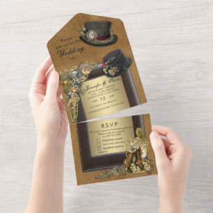 Gothic Steampunk & Wildleder Alles in einer Hochze All In One Einladung