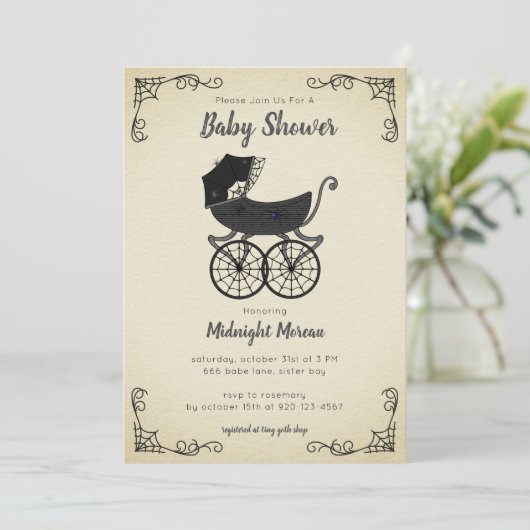 Gothic Stroller Spider Baby Shower Einladung (Stehend Vorderseite)