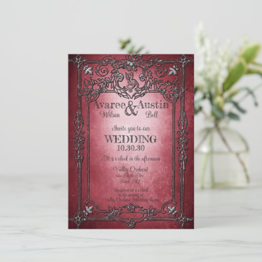 Gothic Style Dark Burgundy Silver Frame Wedding Einladung (Stehend Vorderseite)