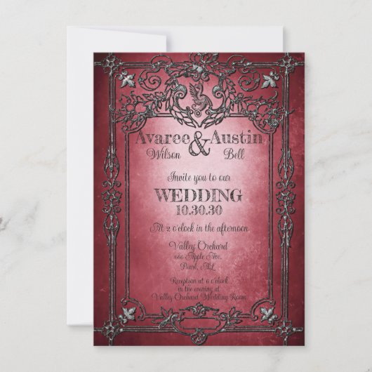 Gothic Style Dark Burgundy Silver Frame Wedding Einladung (Vorderseite)