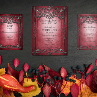 Gothic Style Dark Burgundy Silver Frame Wedding Einladung