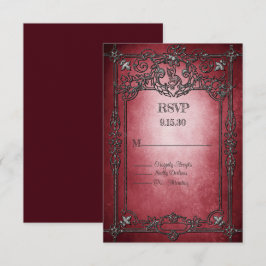 Gothic Style Dark Burgundy Silver Frame Wedding RSVP Karte
