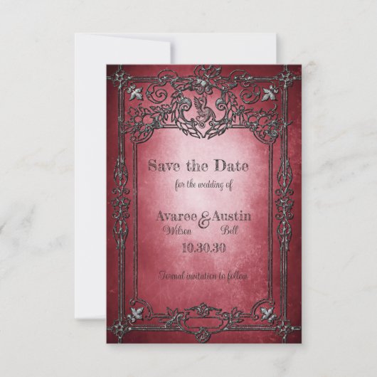 Gothic Style Dark Burgundy Silver Frame Wedding Save The Date (Vorderseite)